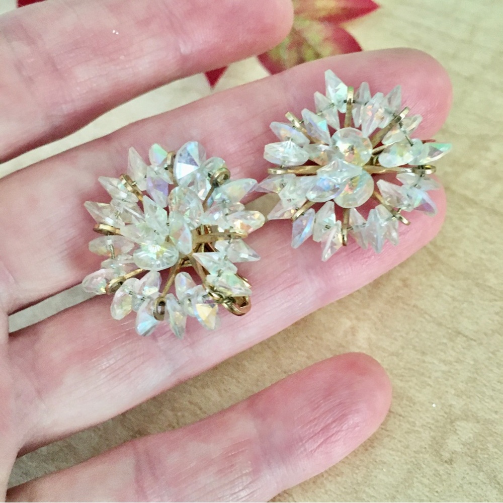 Vintage Crystal Burst Flower Snowflake Clip On Statement Earrings Winter Bridal